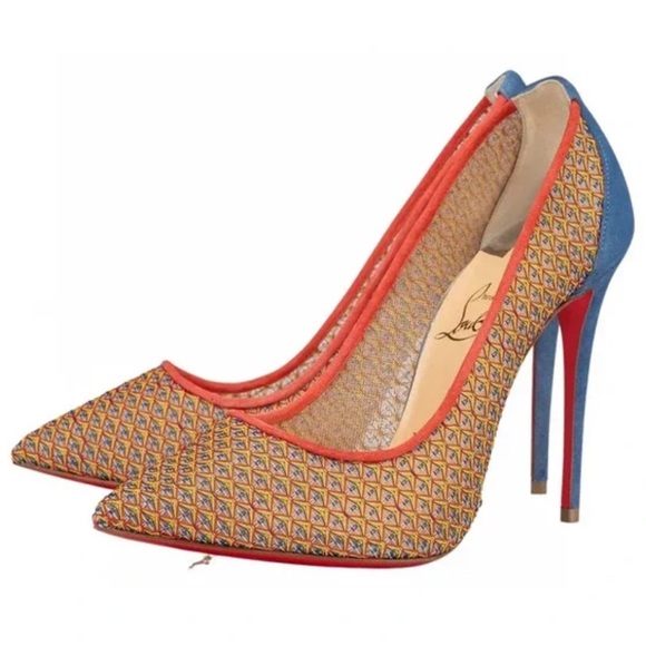 Christian Louboutin Follies Lace 100 Banana Smoothie Blue Red Mesh Heel Pump 38 - Picture 1 of 4